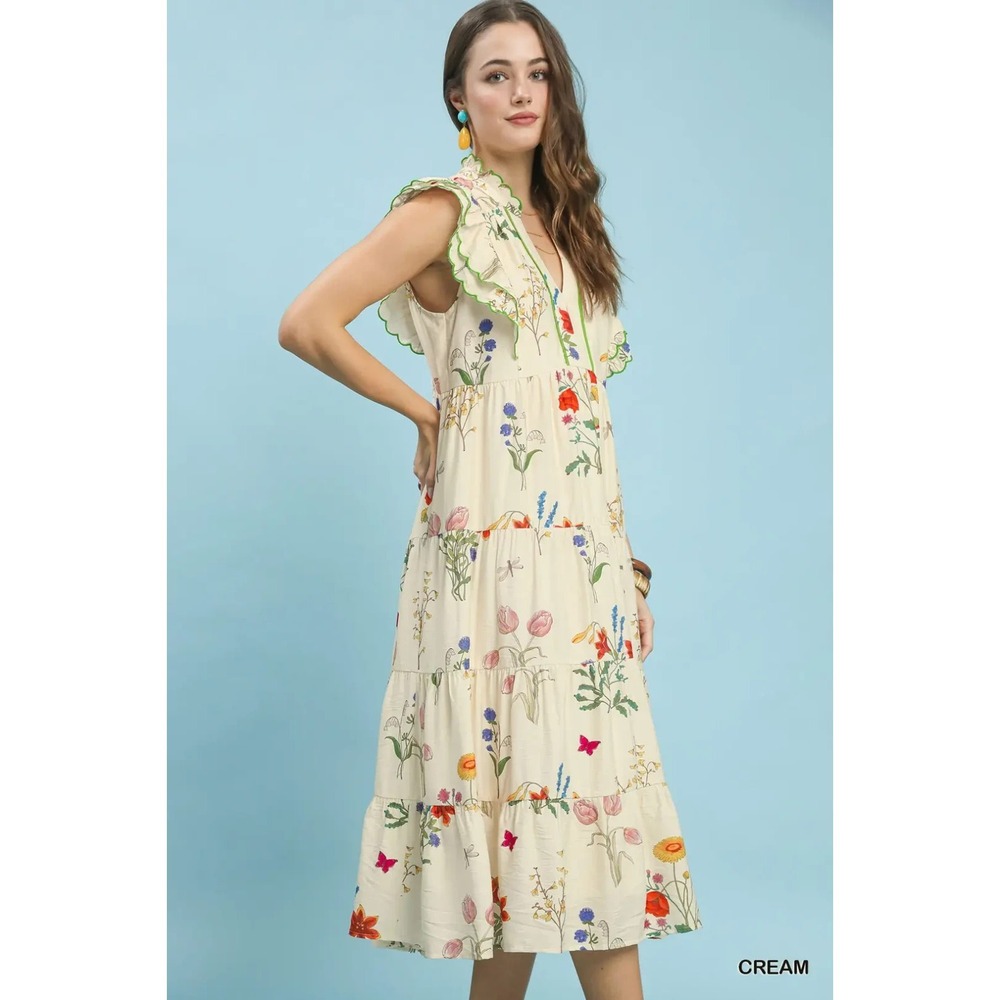 Umgee Floral Ruffle Tiered Midi Dress with Scalloped Detail - Medium - Picture 2 of 7